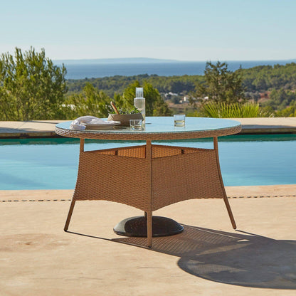 Kemble 6 Seater Rattan Round Outdoor Dining Table Set with Cream LED Premium Parasol - Natural Brown - Laura James