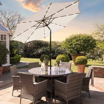 Kemble Grey 6 Seater Rattan Dining Set with Cream LED Parasol - Laura James