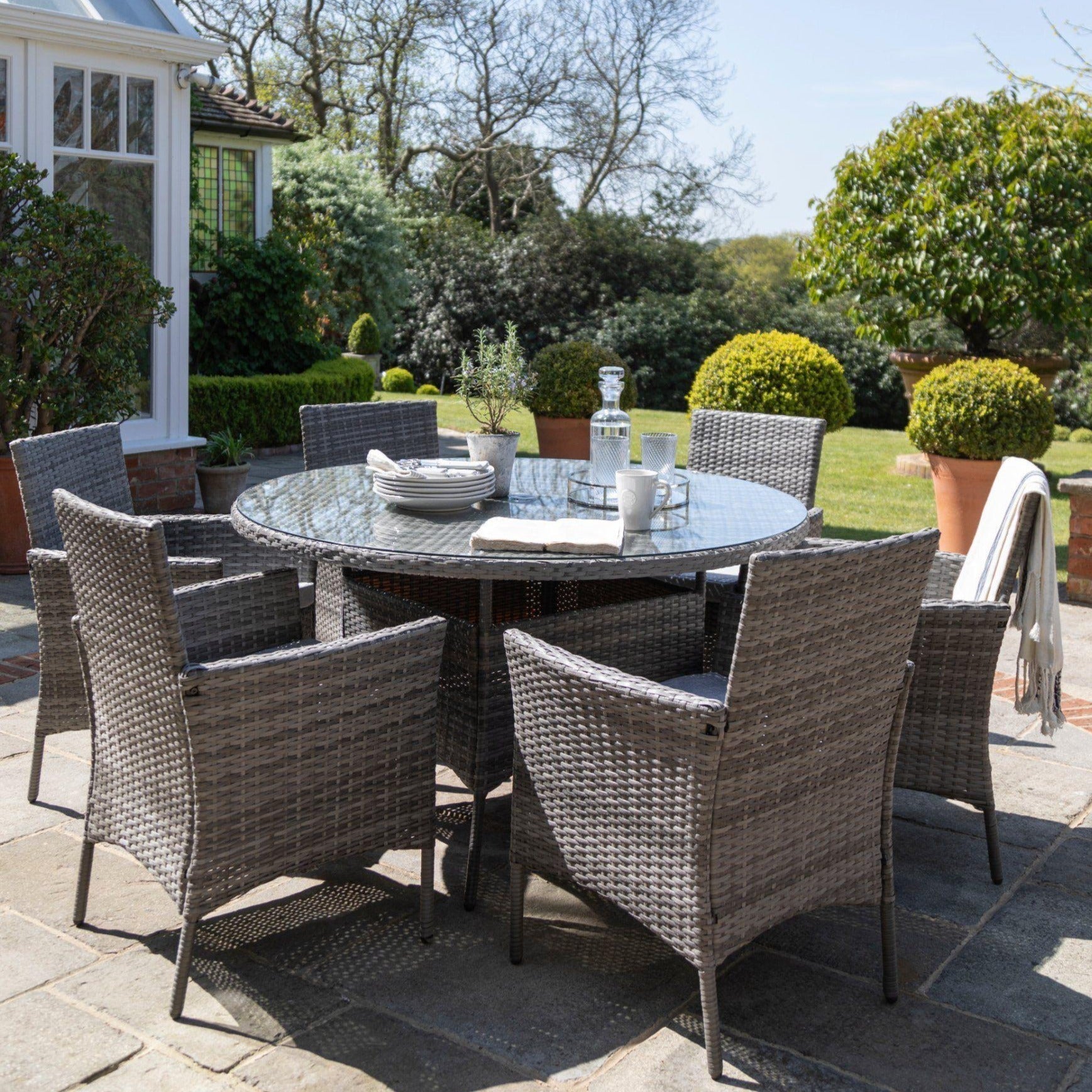 Kemble 6 Seater Rattan Round Garden Dining Table Set Grey Laura James Ireland