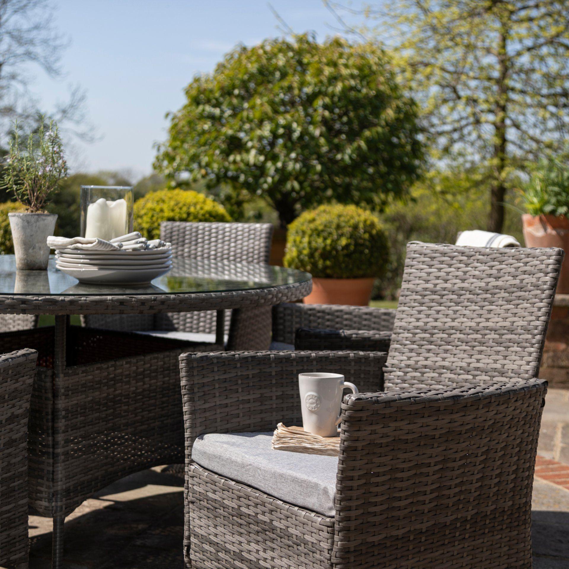 6 Seater Rattan Dining Table Set in Grey - Garden Furniture Outdoor - Laura James