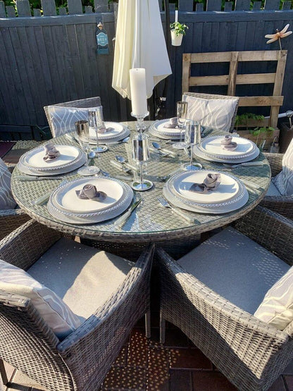 Kemble 6 Seater Rattan Round Dining Table Set in Grey - Rattan Garden Furniture - Laura James