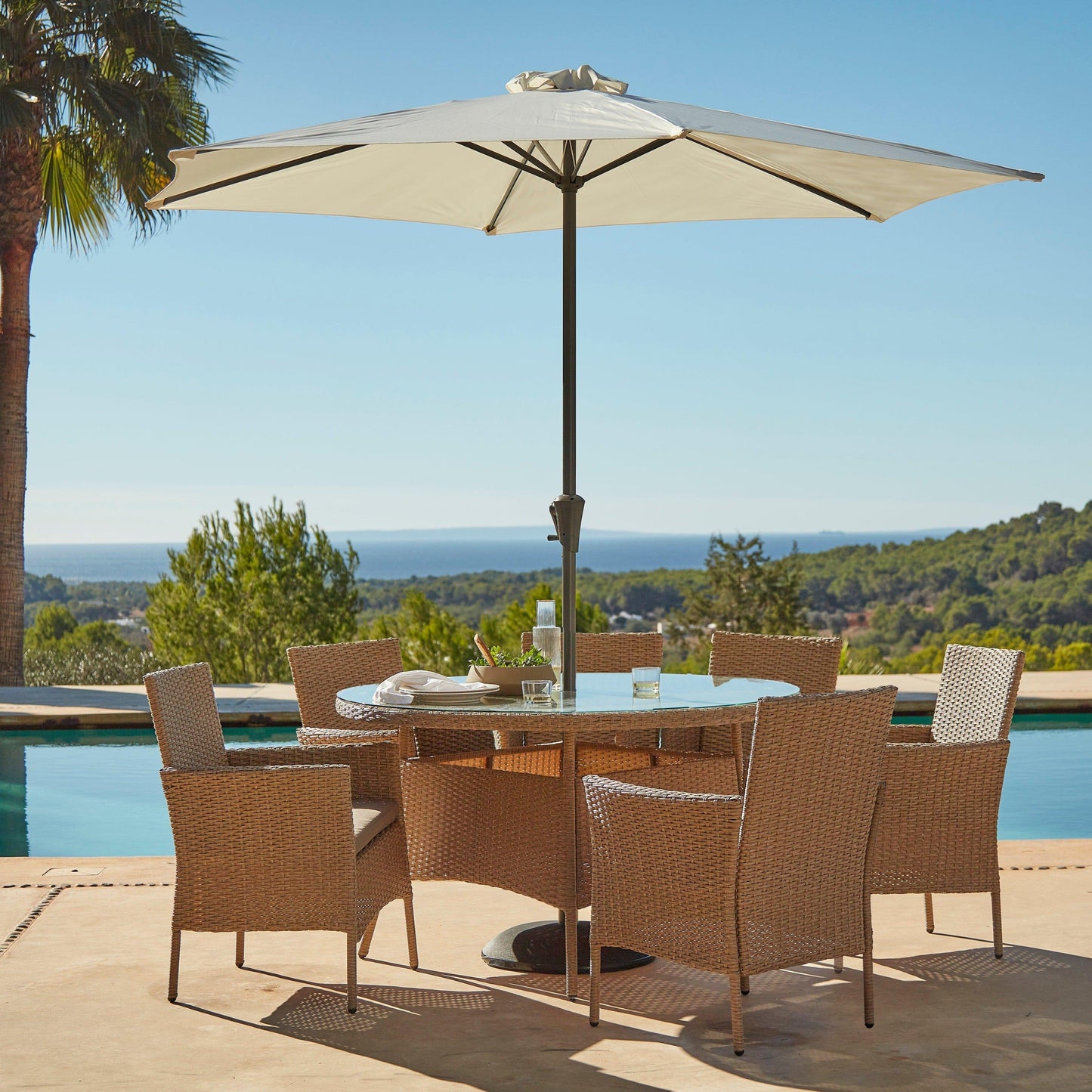 Kemble 6 Seater Rattan Round Outdoor Dining Table Set with Cream LED Premium Parasol - Natural Brown - Laura James