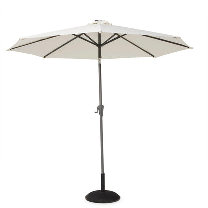 Kemble 6 Seater Rattan Round Outdoor Dining Table Set with Cream LED Premium Parasol - Natural Brown - Laura James