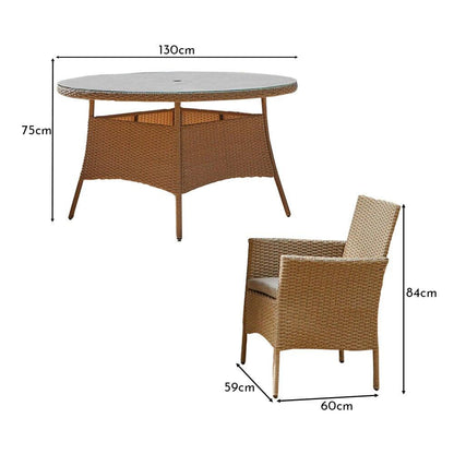 Kemble 6 Seater Rattan Round Outdoor Dining Table Set with Cream LED Premium Parasol - Natural Brown - Laura James