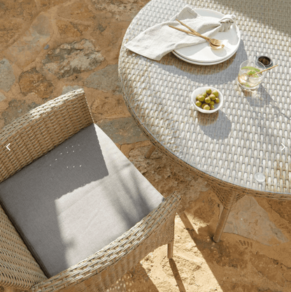 Kemble 6 Seater Rattan Round Outdoor Dining Table Set with Cream LED Premium Parasol - Natural Brown - Laura James