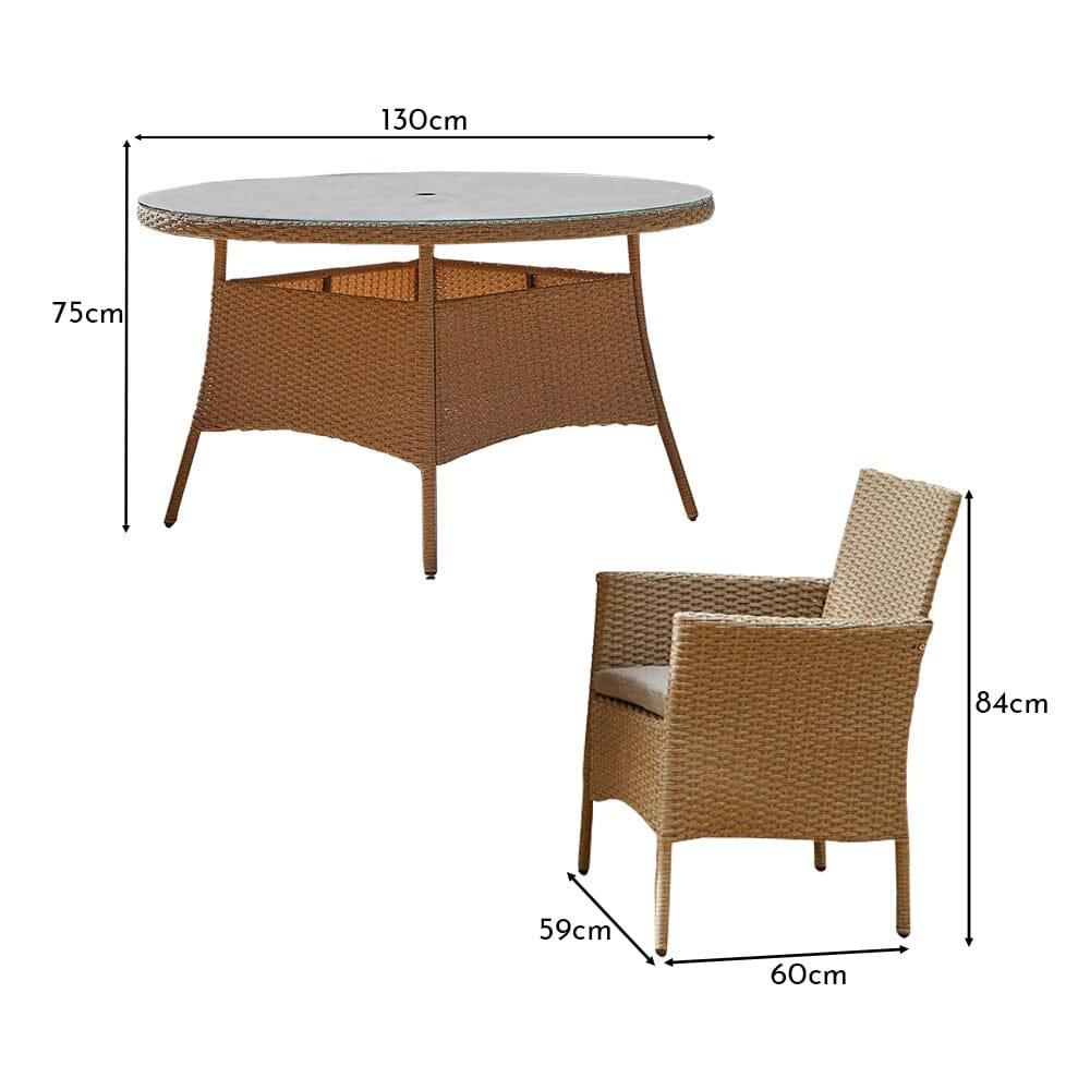 Kemble 6 Seater Rattan Round Dining Set with Cream Parasol - Natural Brown - Laura James