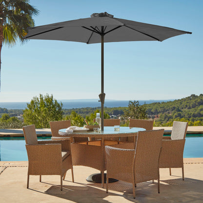 Kemble 6 Seater Rattan Round Outdoor Dining Table Set with Grey Parasol - Natural Brown - Laura James