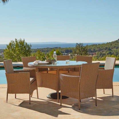 Kemble 6 Seater Rattan Round Outdoor Dining Table Set - Natural Brown - Rattan Garden Furniture - Laura James