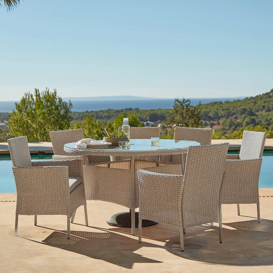 Kemble 6 Seater Round Rattan Garden Dining Set with Kemble/Marston Dining Chairs - Light Grey