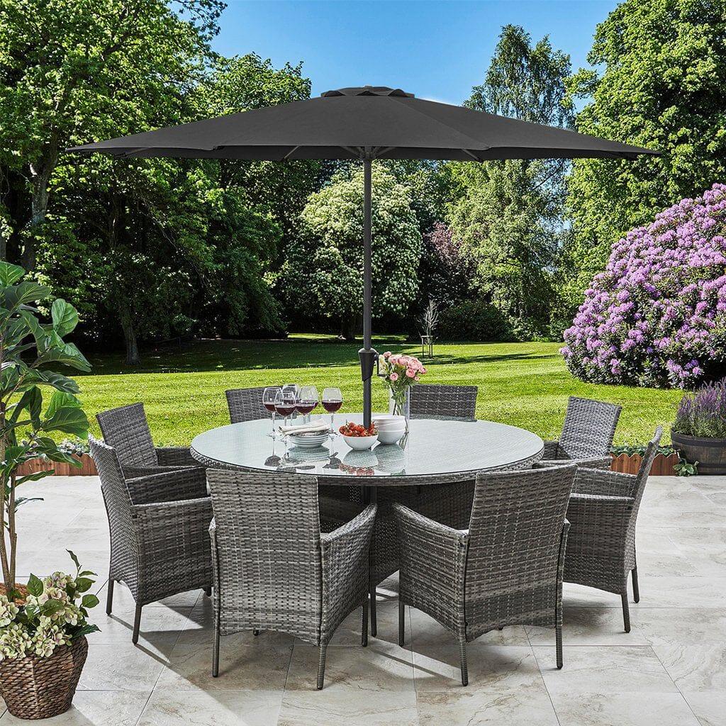 Kemble Seater Rattan Round Garden Dining Set with Grey Parasol