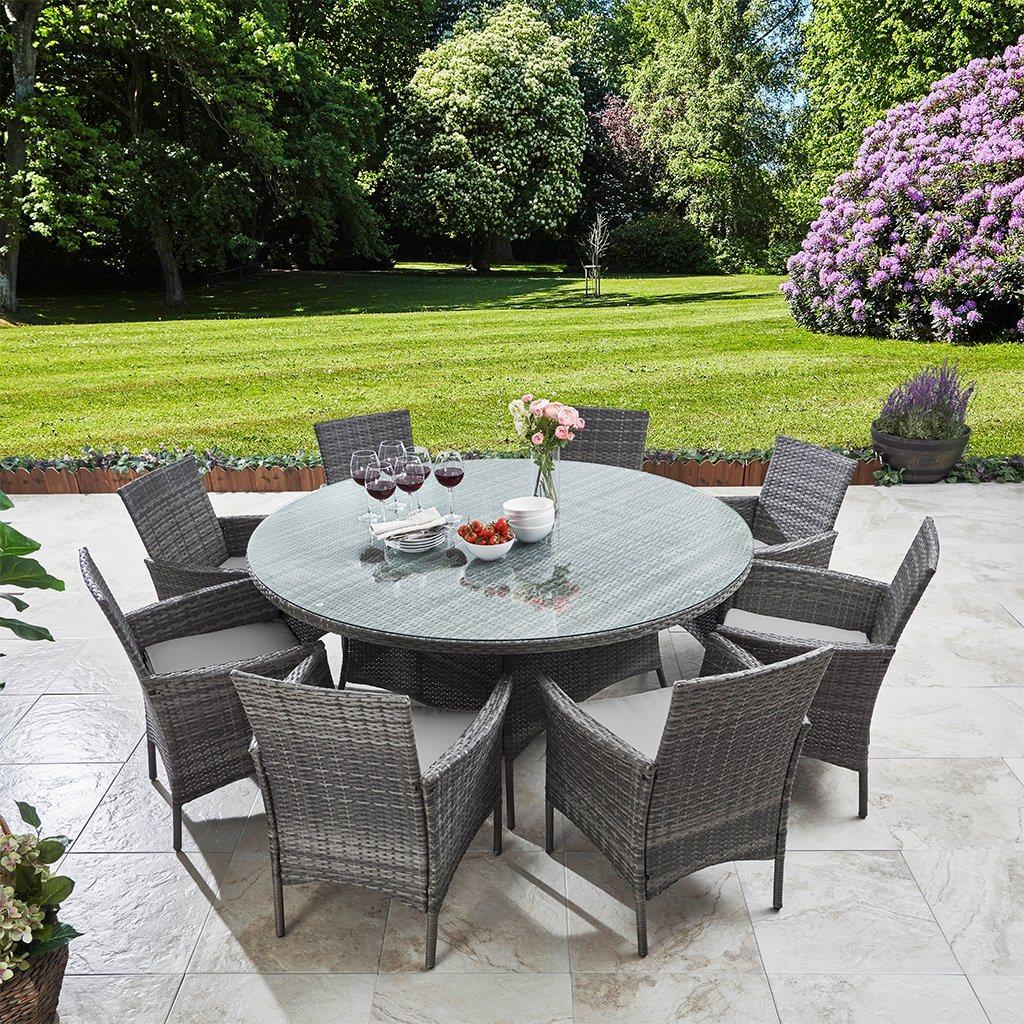 8 Seater Rattan Round Dining Set with Parasol - Grey - Rattan Garden Furniture - Laura James