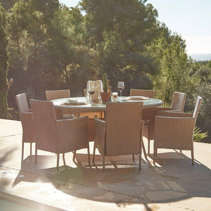 Kemble 8 Seater Rattan Round Garden Dining Set with Grey Parasol - Natural Brown Weave