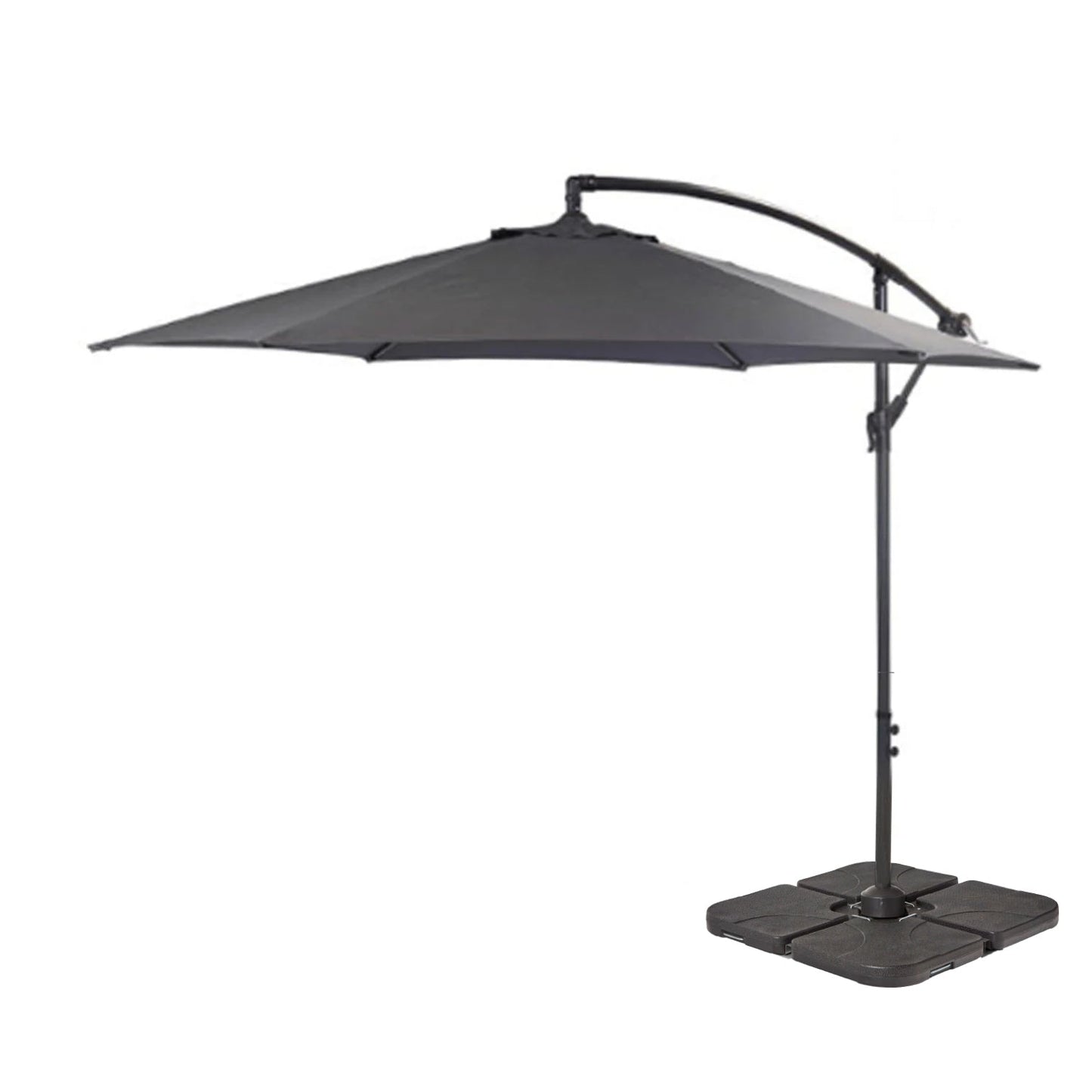 Round 2.9m Grey Lean-Over Parasol with 80kg Quartered Parasol Base - Black Plastic - Laura James