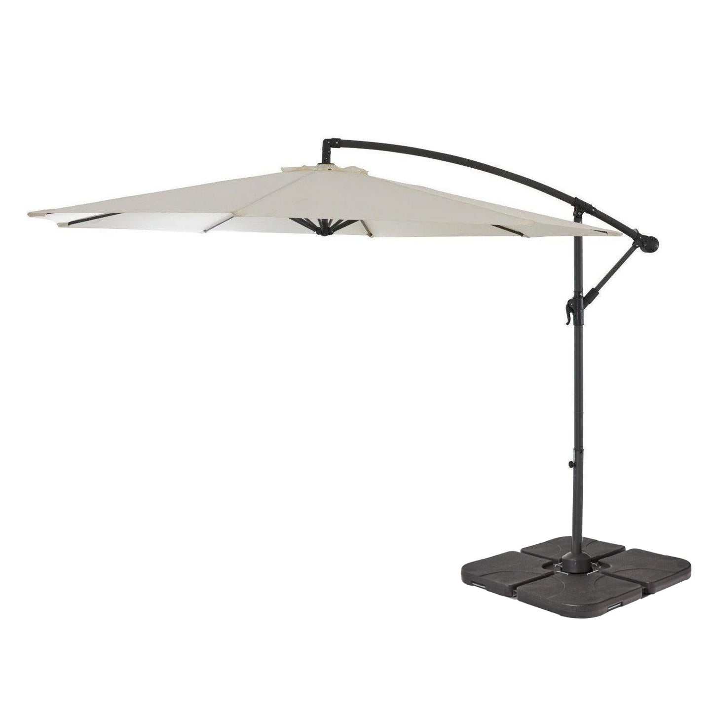 Round 2.9m Cream Lean-Over Parasol with 80kg Quartered Parasol Base - Black Plastic - Laura James