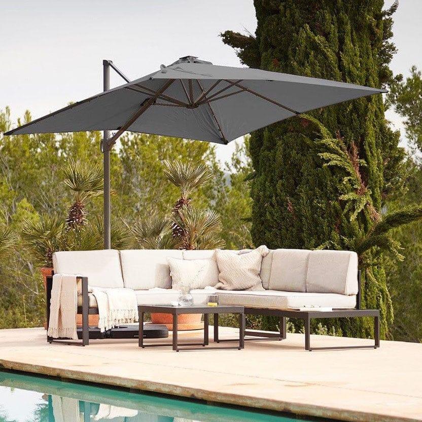 Maia Garden Corner Sofa - Black - Left Hand Assembly - Grey LED Premium Parasol