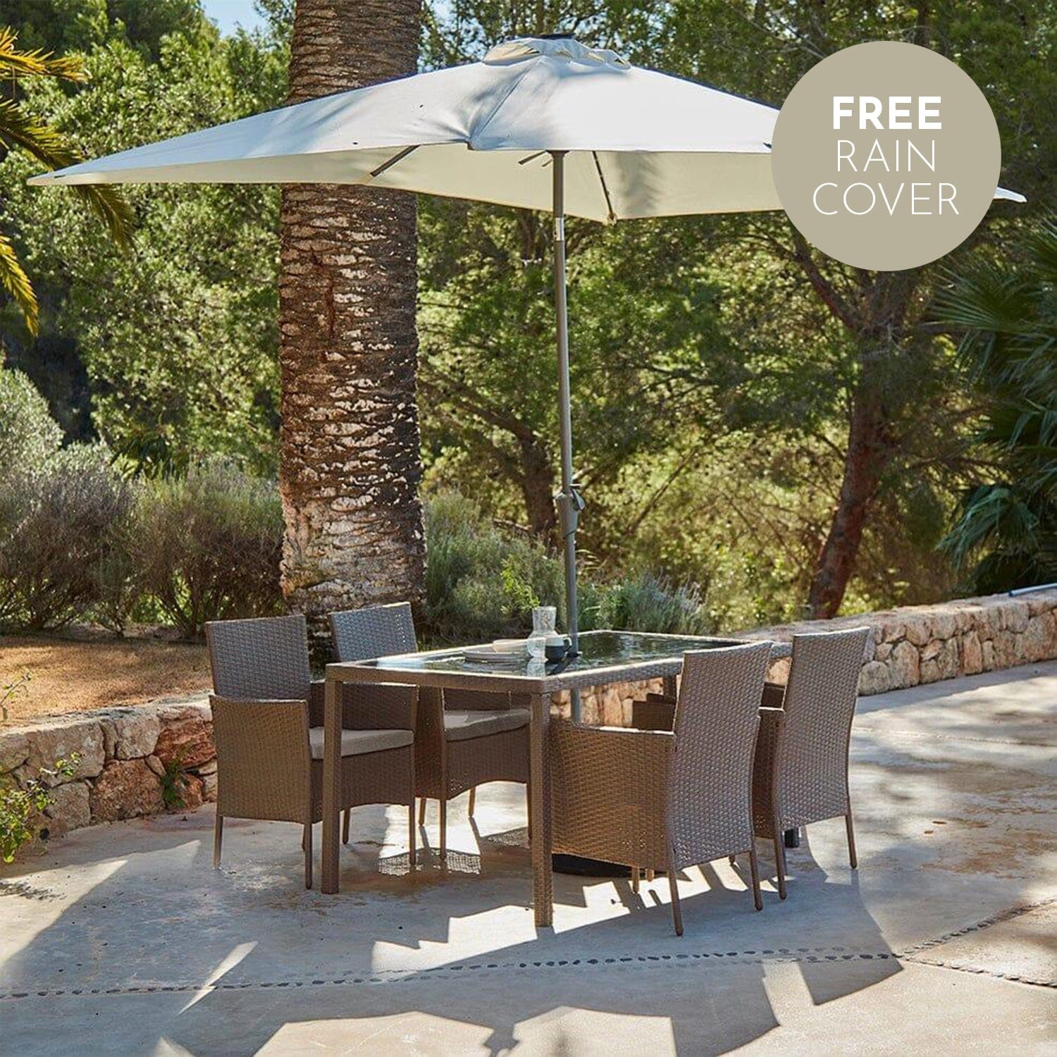 Marston 4 Seater Rattan Dining Set with Premium Cream Parasol - Natural Brown