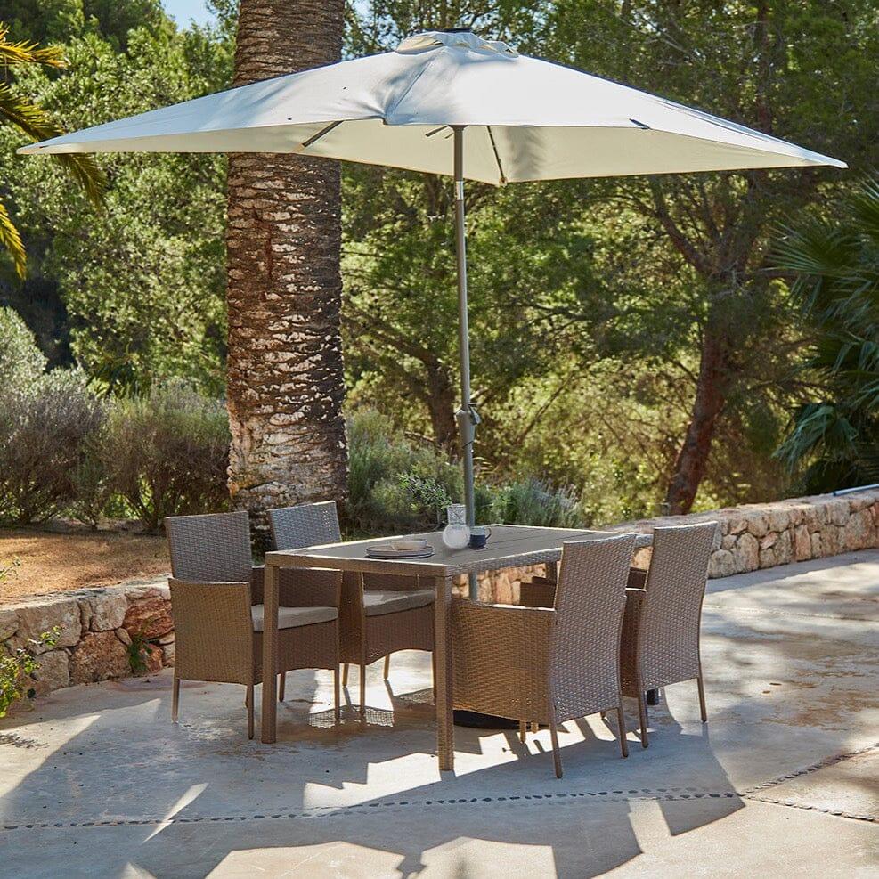 Marston 4 Seater Polywood Top Rattan Dining Set with Premium Cream Parasol - Natural Brown