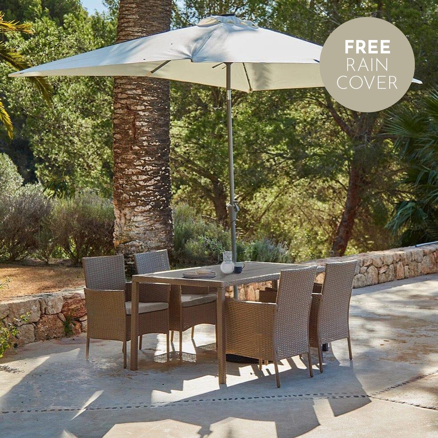 Marston 4 Seater Polywood Top Rattan Dining Set with Premium Cream Parasol - Natural Brown