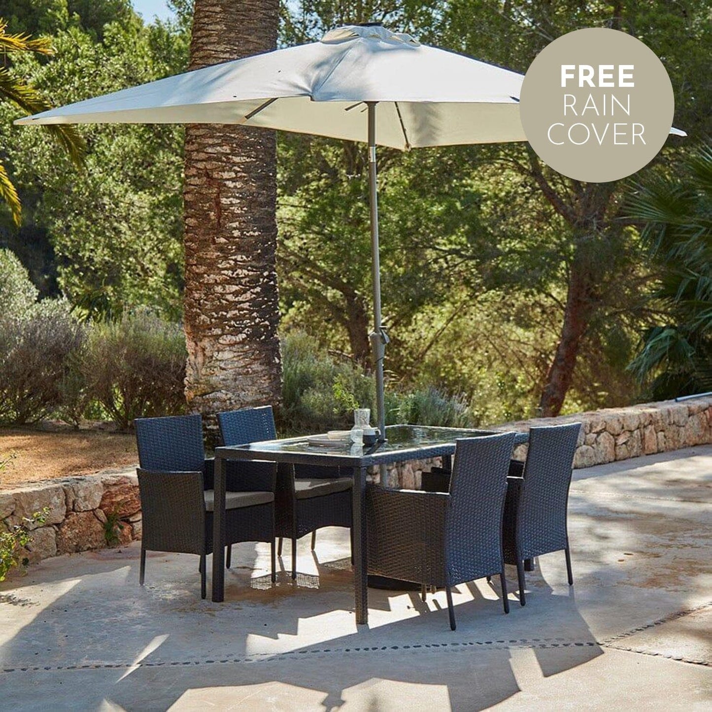 Marston 4 Seater Rattan Dining Set with Cream Parasol - Black