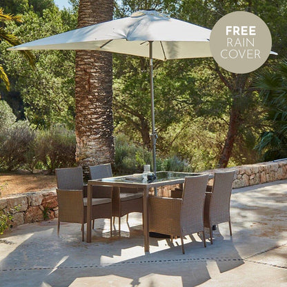 Marston 4 Seater Rattan Dining Set with Cream Parasol - Natural Brown