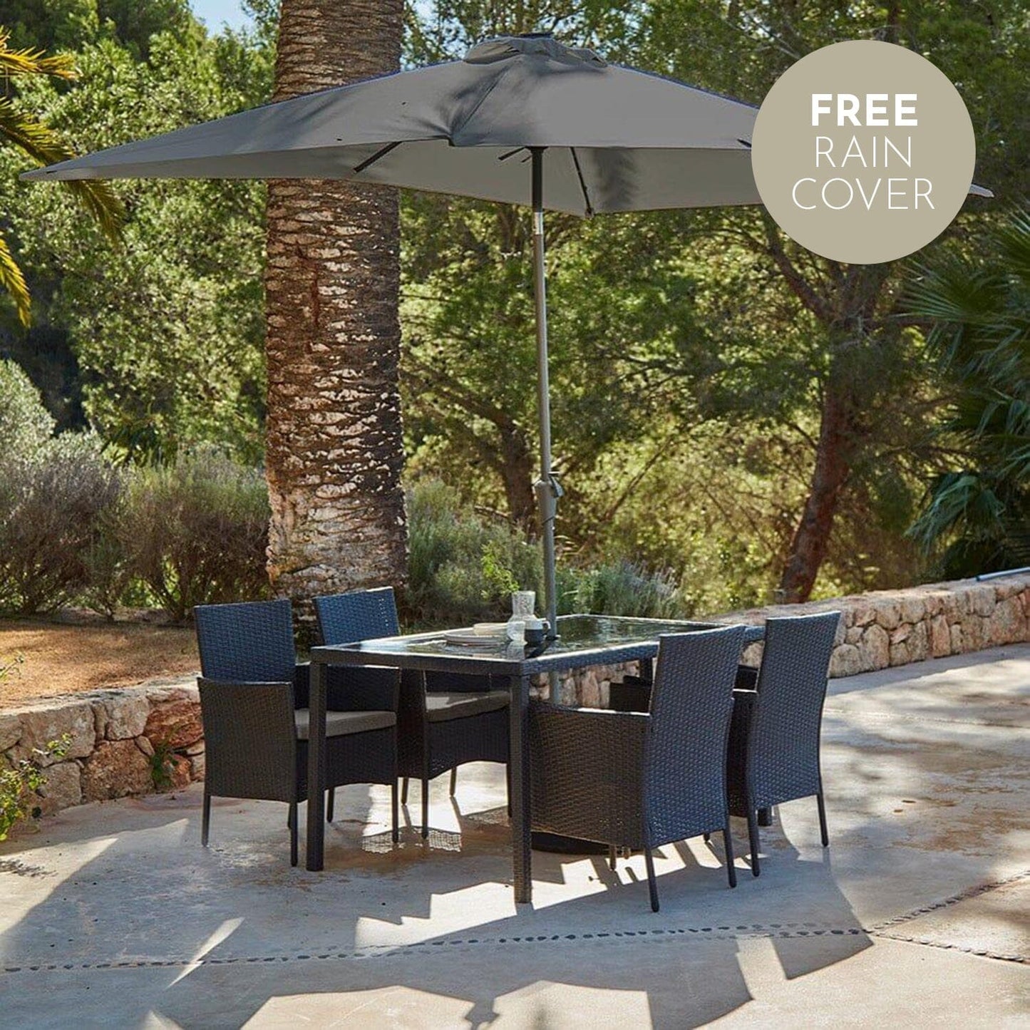 Marston 4 Seater Rattan Dining Set with Premium Grey Parasol - Black