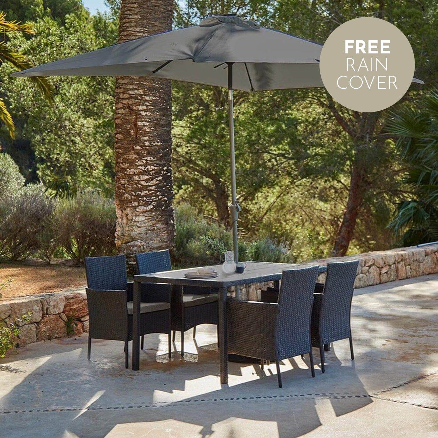 Marston 4 Seater Polywood Top Rattan Dining Set with Premium Grey Parasol - Black