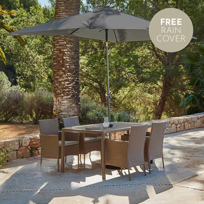 Marston 4 Seater Polywood Top Rattan Dining Set with Premium Grey Parasol - Natural Brown