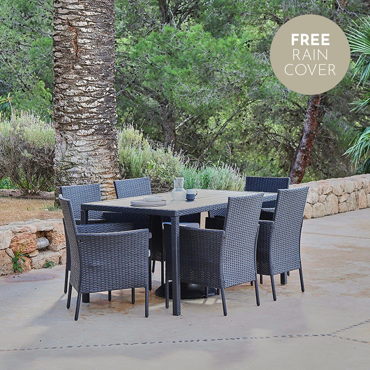 Marston 6 Seater Polywood Top Rattan Dining Set - Black