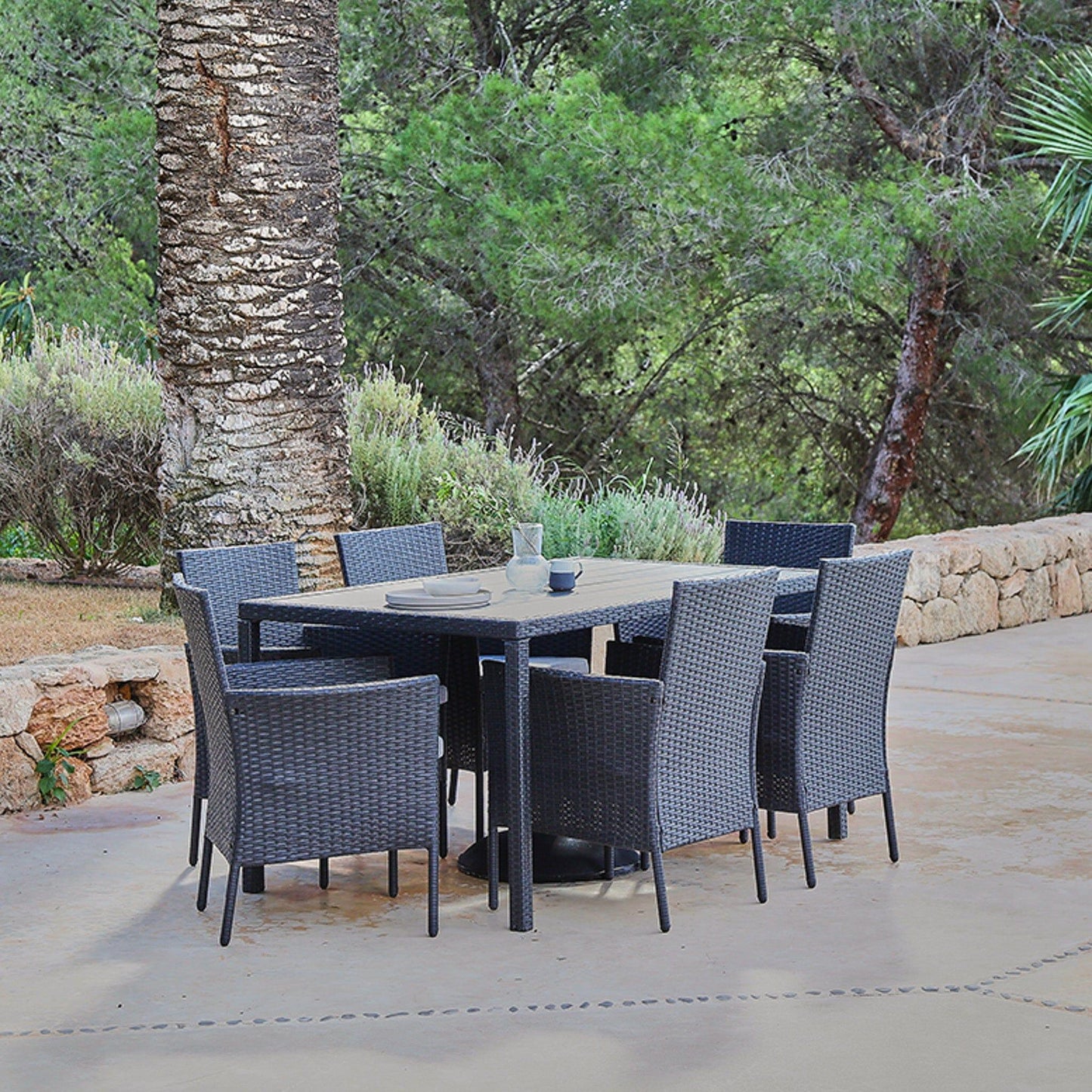 Marston 6 Seater Polywood Top Rattan Dining Set - Black