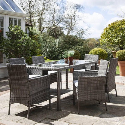 Marston 6 Seater Rattan Outdoor Dining Set with Cream LED Premium Parasol - Rattan Garden Furniture - Grey - Glass Top - Laura James