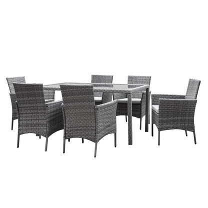 Marston 6 Seater Rattan Outdoor Dining Set with Cream LED Premium Parasol - Rattan Garden Furniture - Grey - Glass Top - Laura James