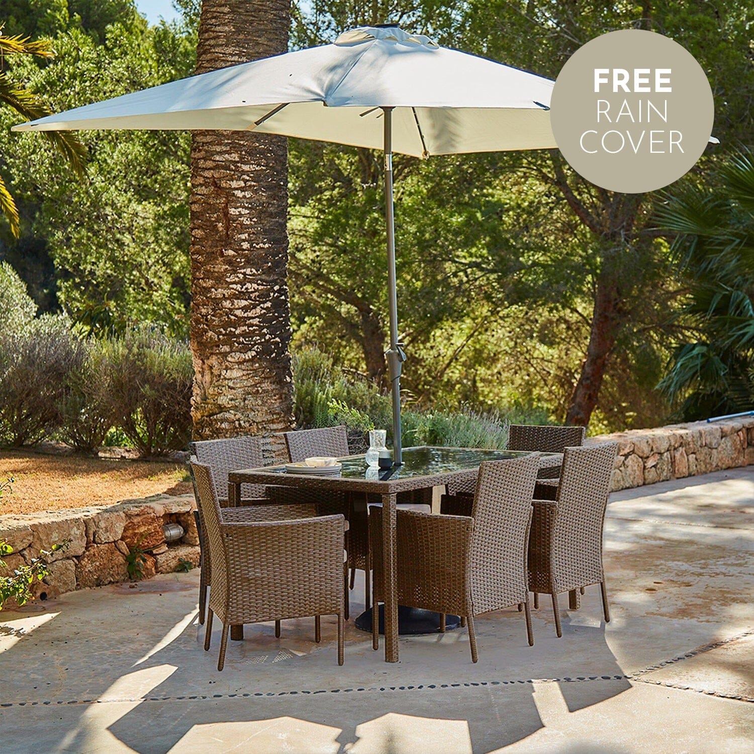 Marston 6 Seater Rattan Dining Set with Cream Premium Parasol - Natural Brown