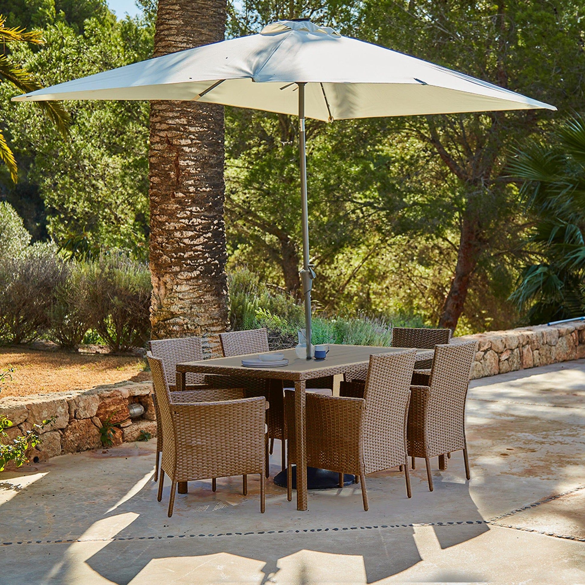 Marston 6 Seater Polywood Top Rattan Dining Set with Premium Cream Parasol - Natural Brown