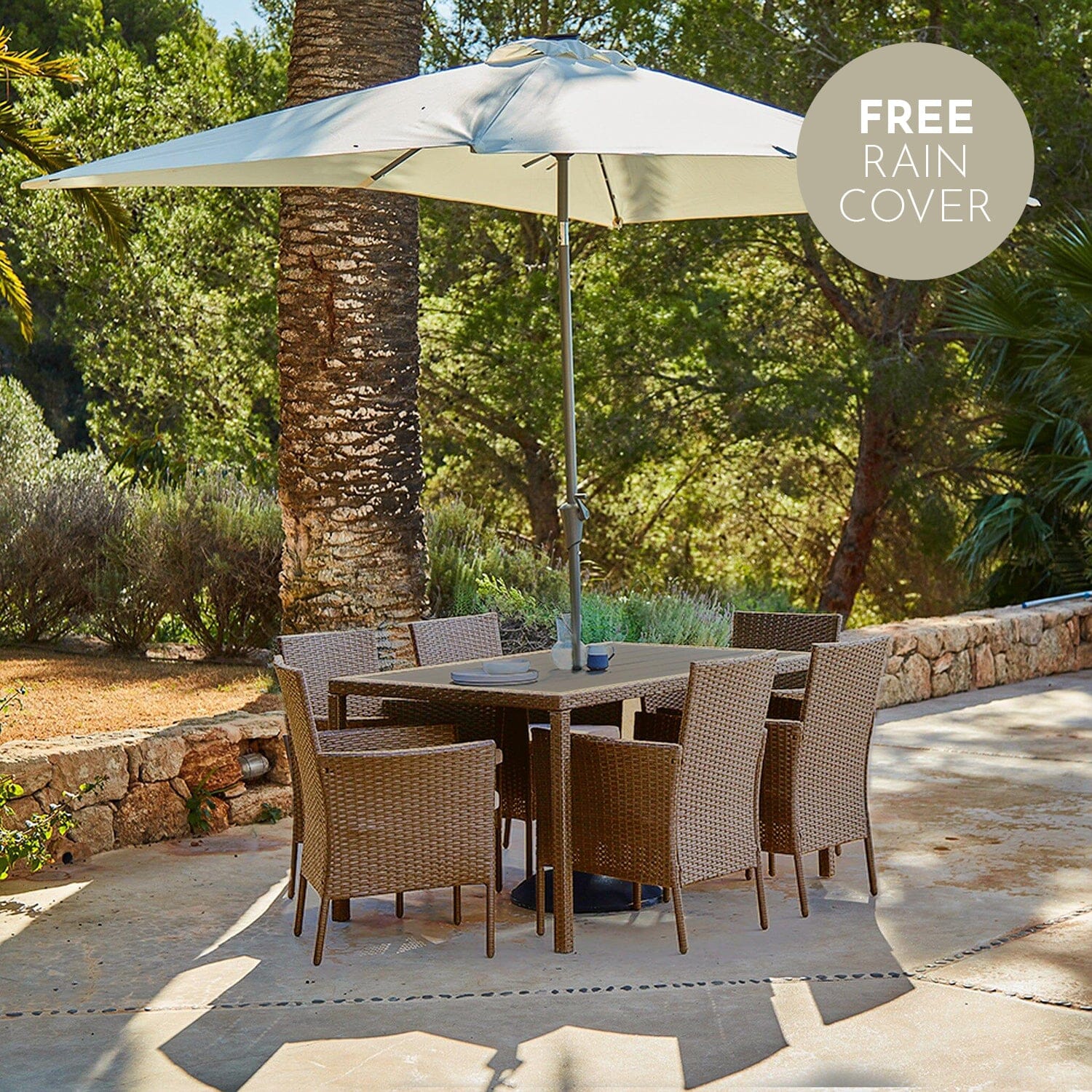 Marston 6 Seater Polywood Top Rattan Dining Set with Premium Cream Parasol - Natural Brown