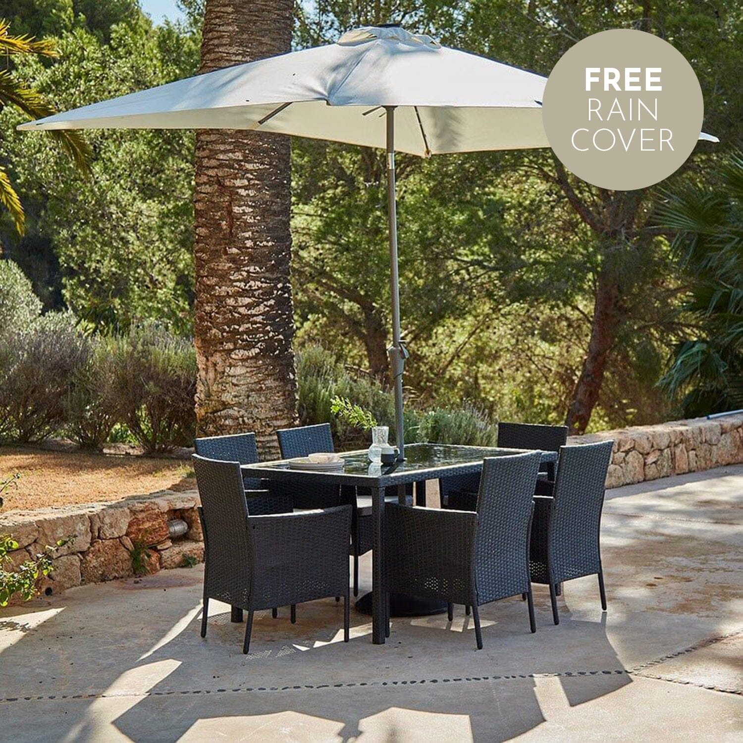 Marston 6 Seater Rattan Dining Set with Cream Parasol - Rattan Garden Furniture - Black