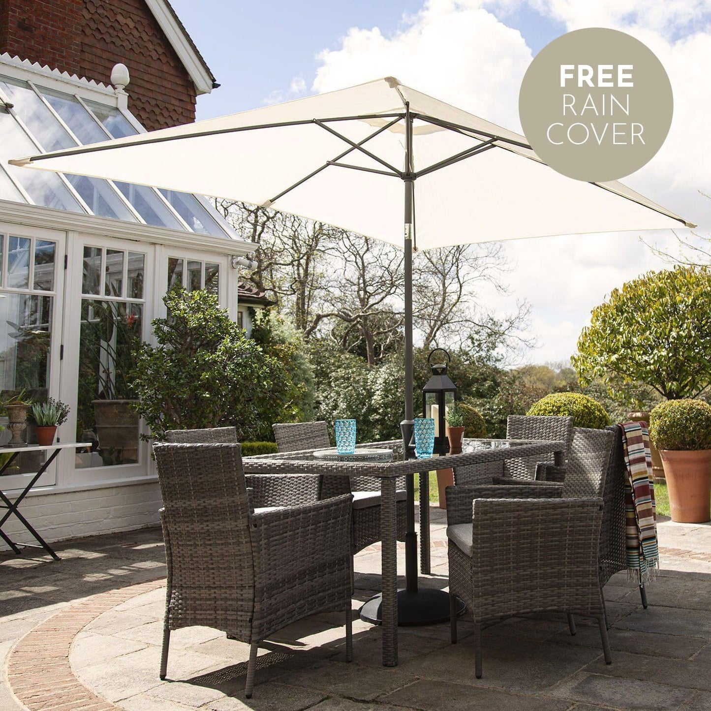 Marston 6 Seater Grey Rattan Dining Set - Cream Parasol - Laura James