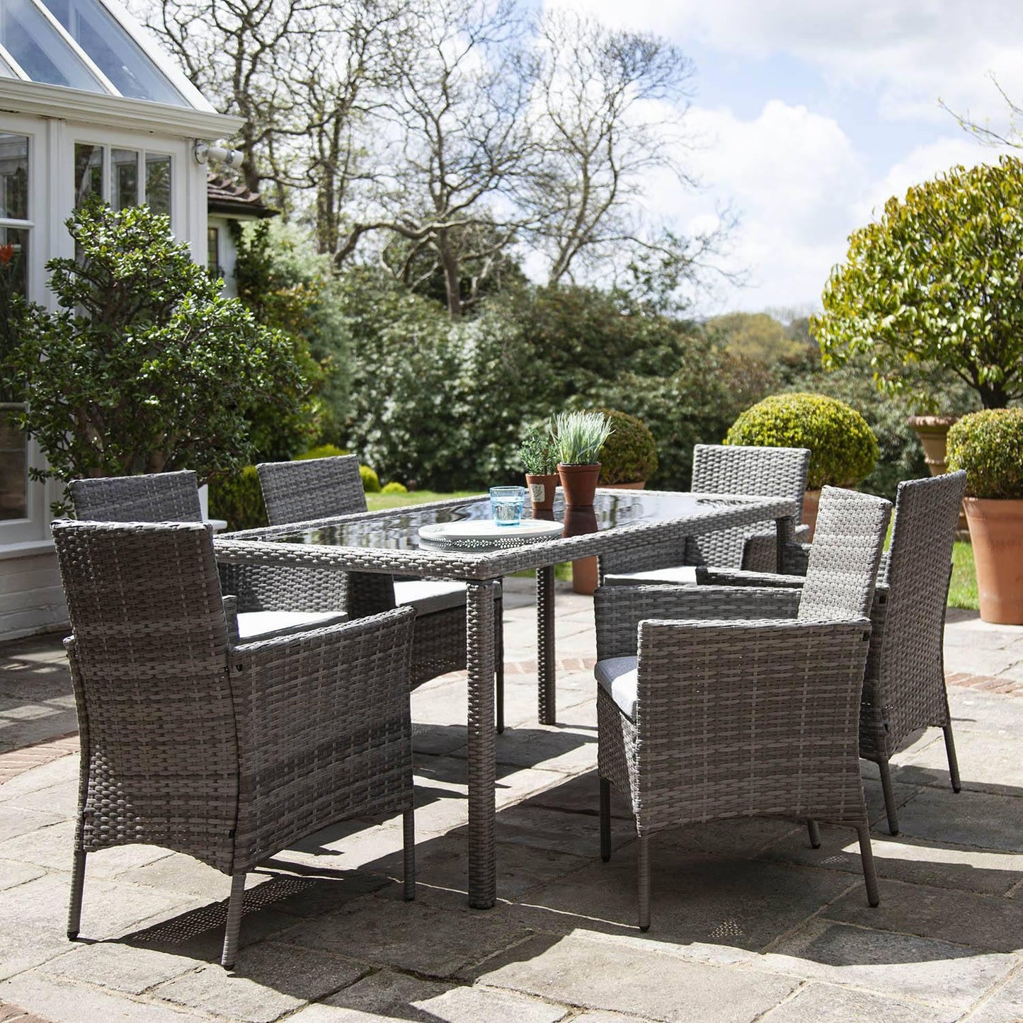 Marston 6 Seater Grey Rattan Dining Set - Cream Parasol - Laura James