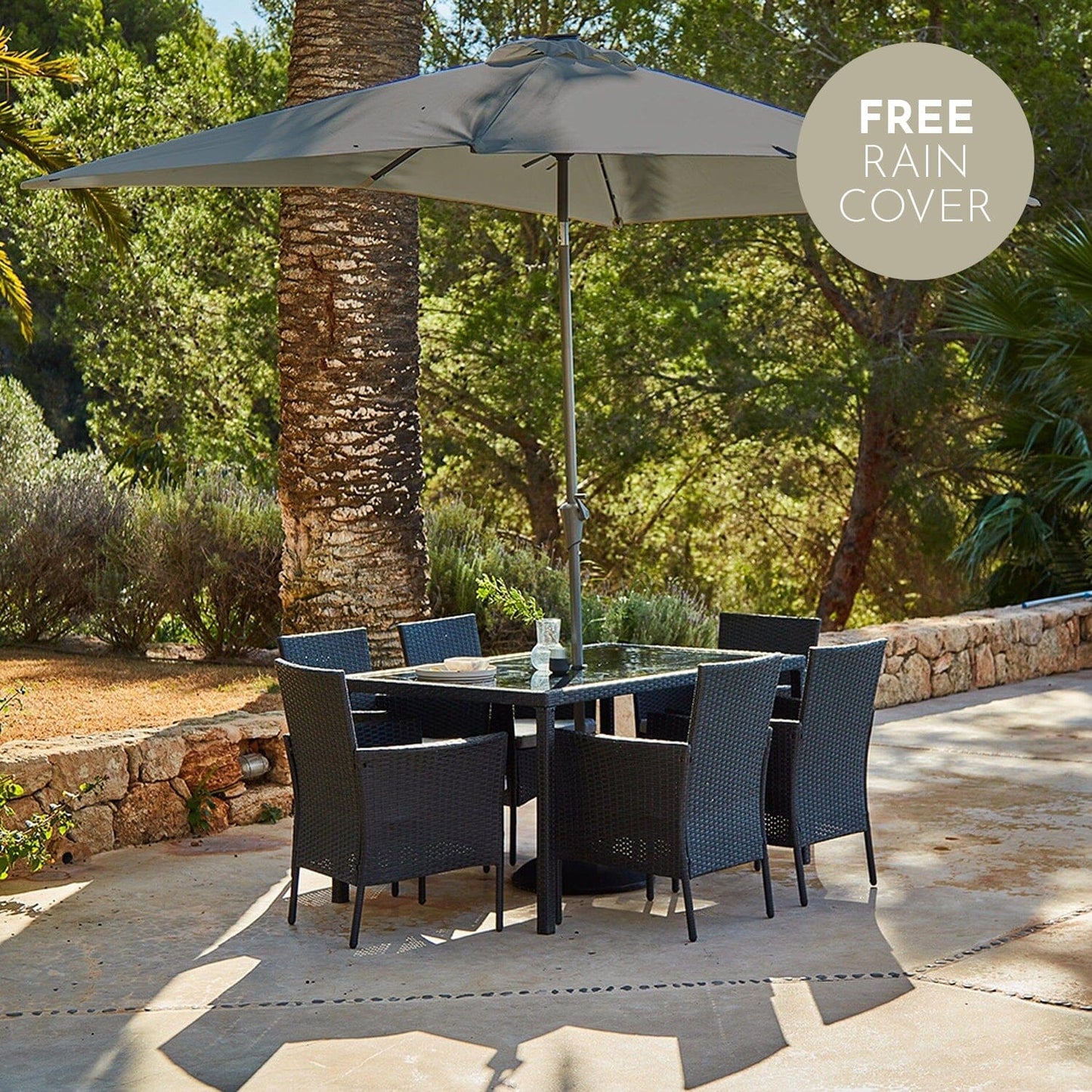 Marston 6 Seater Rattan Dining Set with Grey LED Premium Parasol - Rattan Garden Furniture - Black