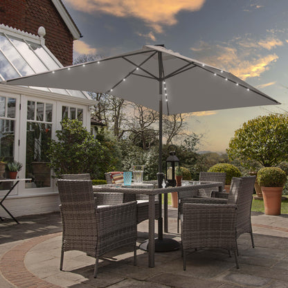 Marston 6 Seater Rattan Dining Set with Grey LED Premium Parasol - Grey - Rattan Garden Furniture