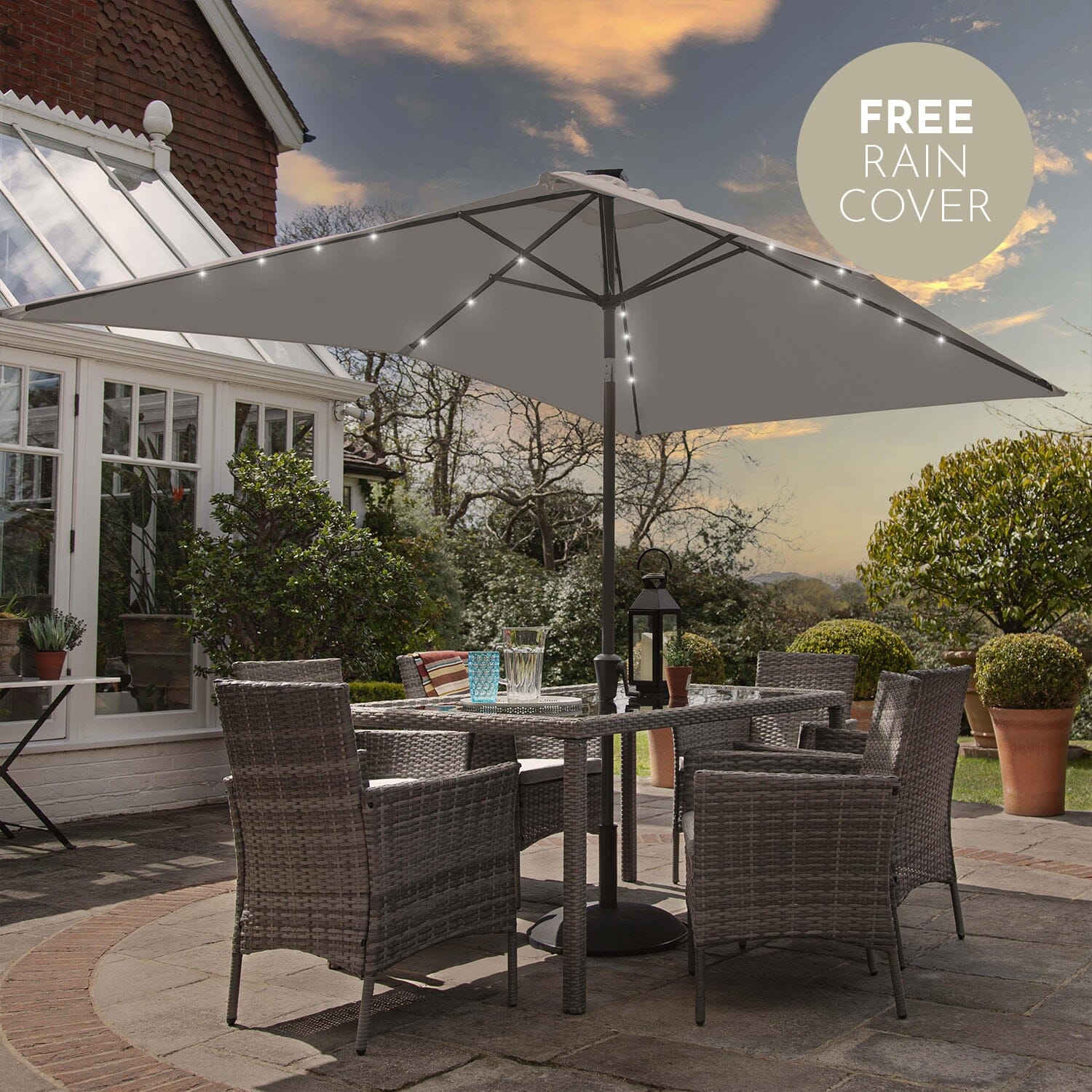 Marston 6 Seater Rattan Dining Set with Grey LED Premium Parasol - Grey - Rattan Garden Furniture