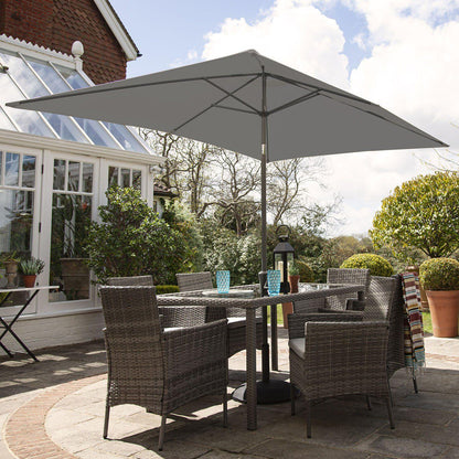 Marston 6 Seater Rattan Dining Set with Grey LED Premium Parasol - Grey - Rattan Garden Furniture