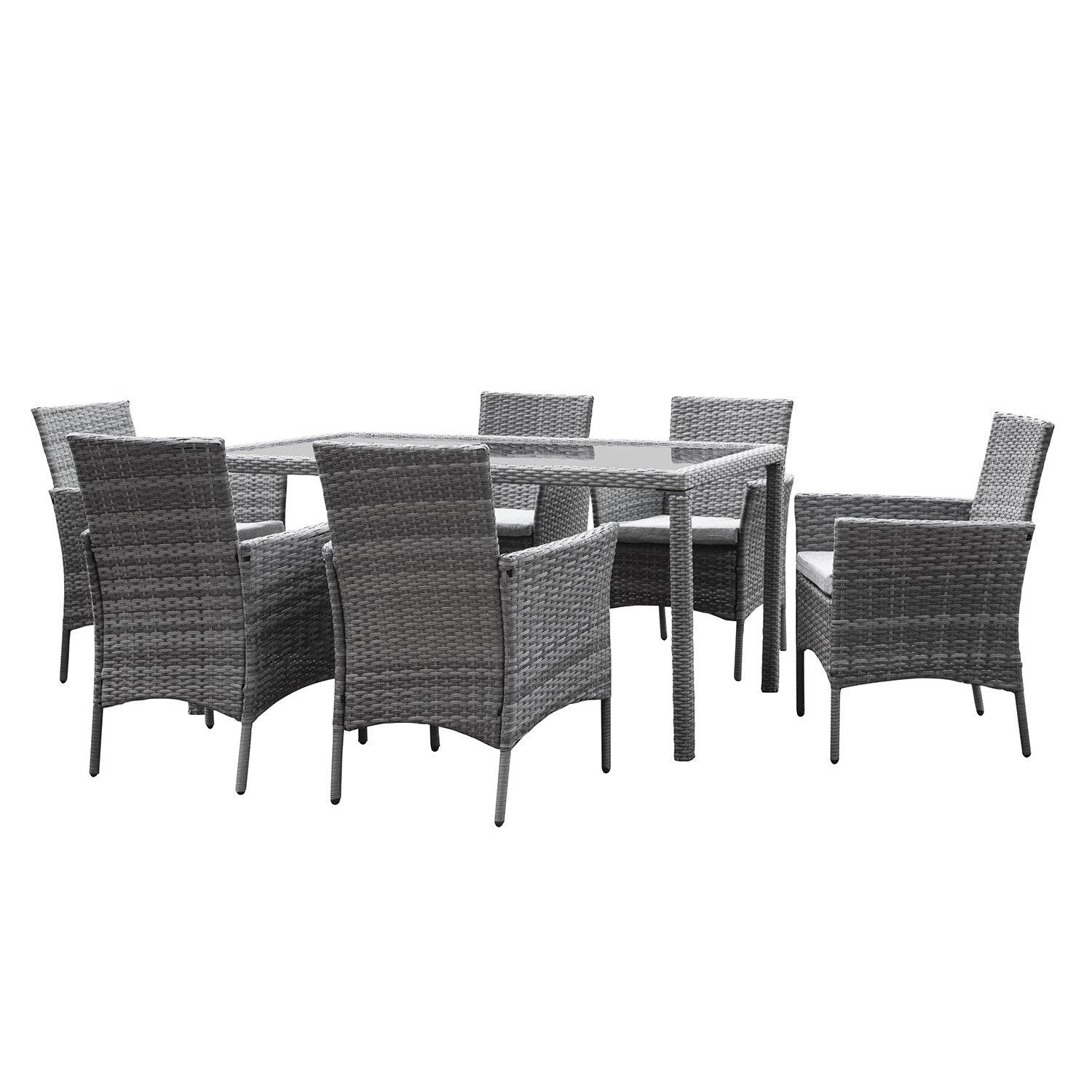 Marston 6 Seater Rattan Dining Set with Grey LED Premium Parasol - Grey - Rattan Garden Furniture