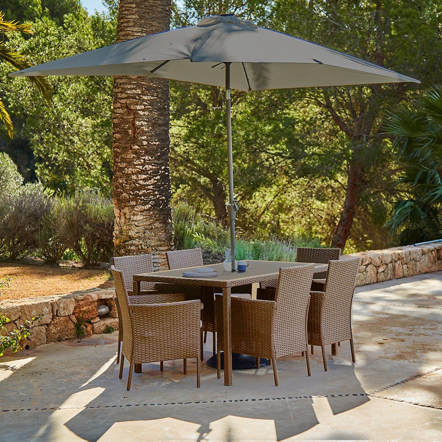 Marston 6 Seater Polywood Top Rattan Dining Set with Premium Grey Parasol - Natural Brown