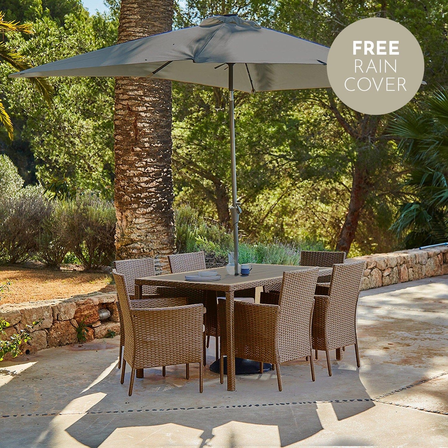 Marston 6 Seater Polywood Top Rattan Dining Set with Premium Grey Parasol - Natural Brown