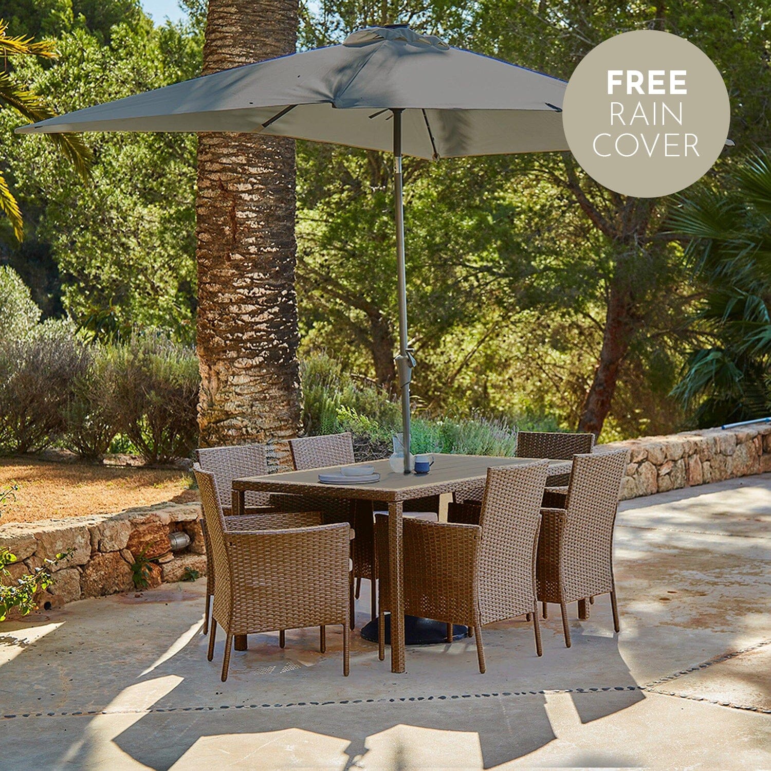 Marston 6 Seater Polywood Top Rattan Dining Set with Grey Parasol - Natural Brown