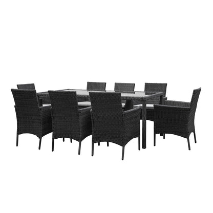 Marston 8 Seater Rattan Outdoor Dining Set with Cream LED Premium Parasol - Rattan Garden Furniture - Black - Glass Top - Laura James