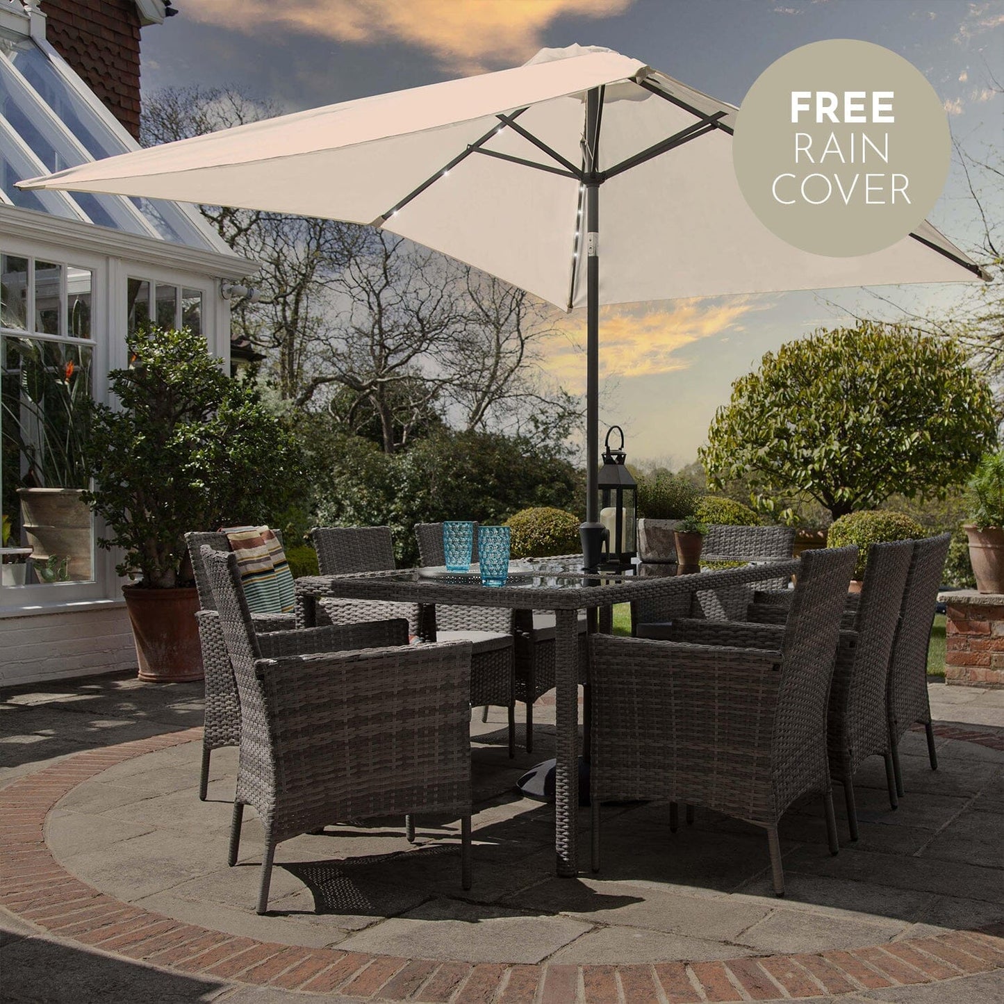 Marston 8 Seater Rattan Dining Set with Cream LED Premium Parasol - Rattan Garden Furniture - Grey