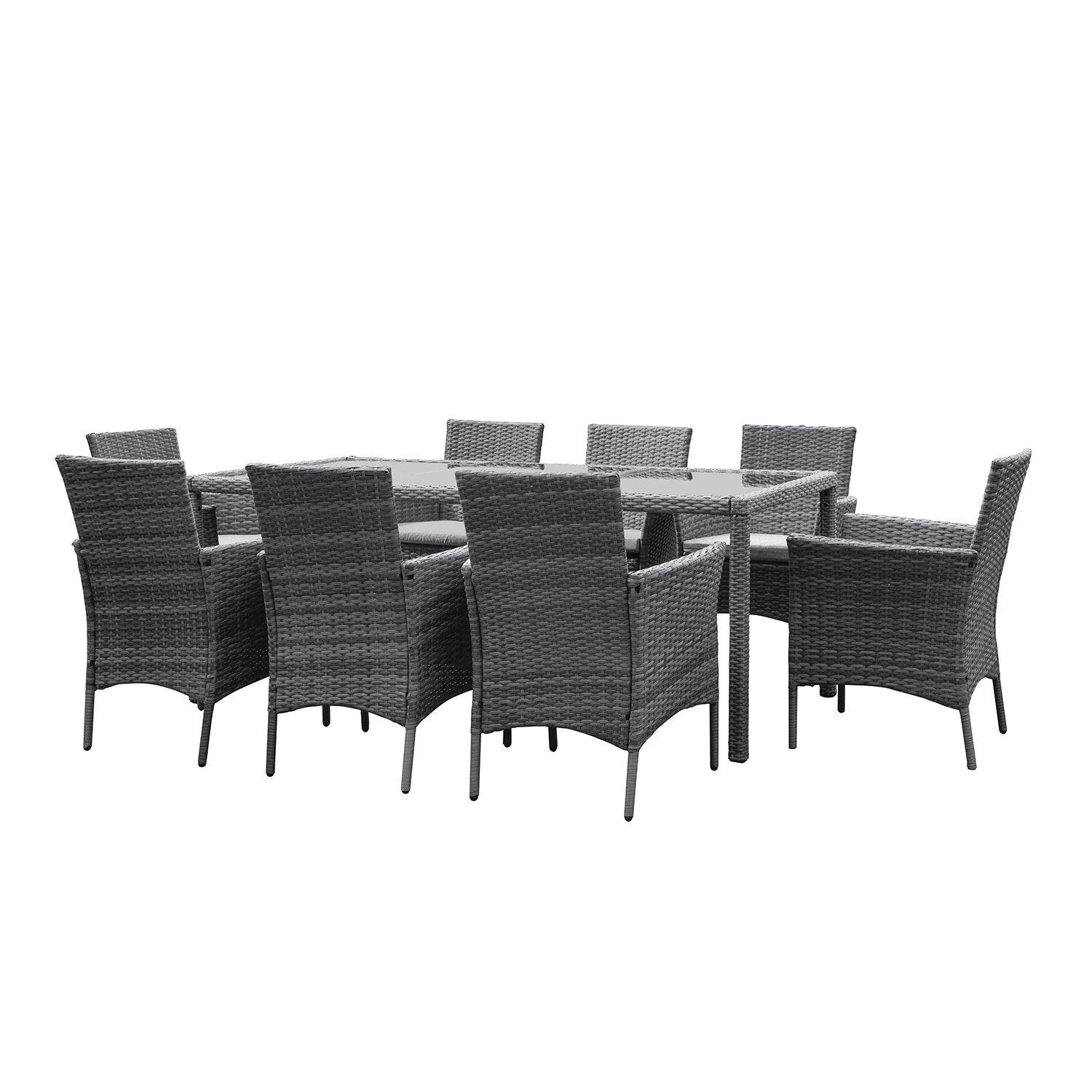 Marston 8 Seater Rattan Dining Set with Cream LED Premium Parasol - Rattan Garden Furniture - Grey