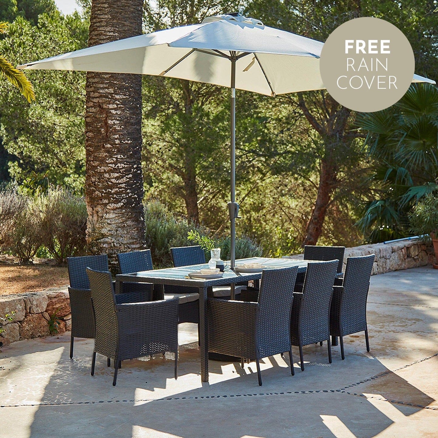 Marston 8 Seater Rattan Dining Set with Cream Parasol - Rattan Garden Furniture - Black