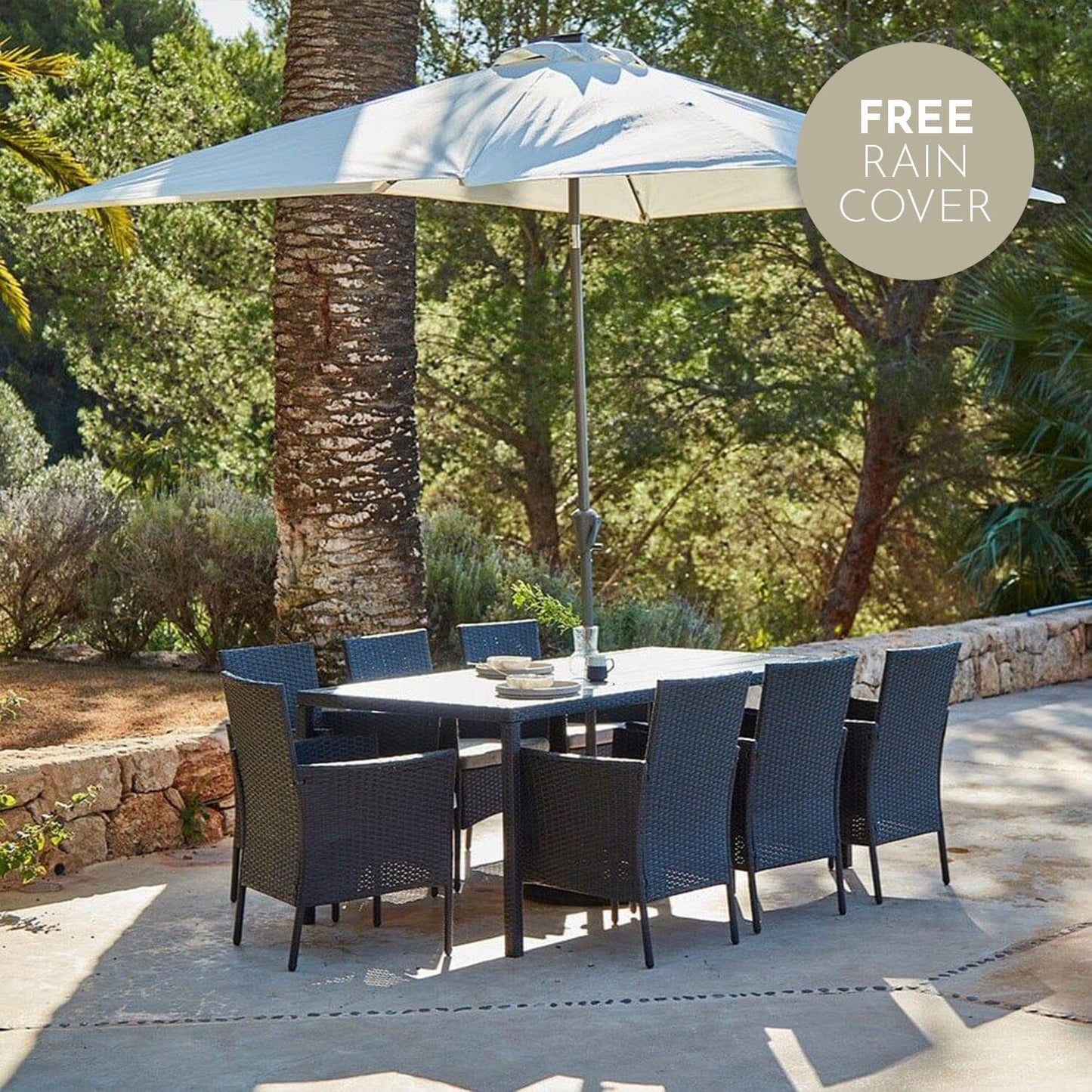 Marston 8 Seater Polywood Top Rattan Dining Set with Cream Parasol - Black